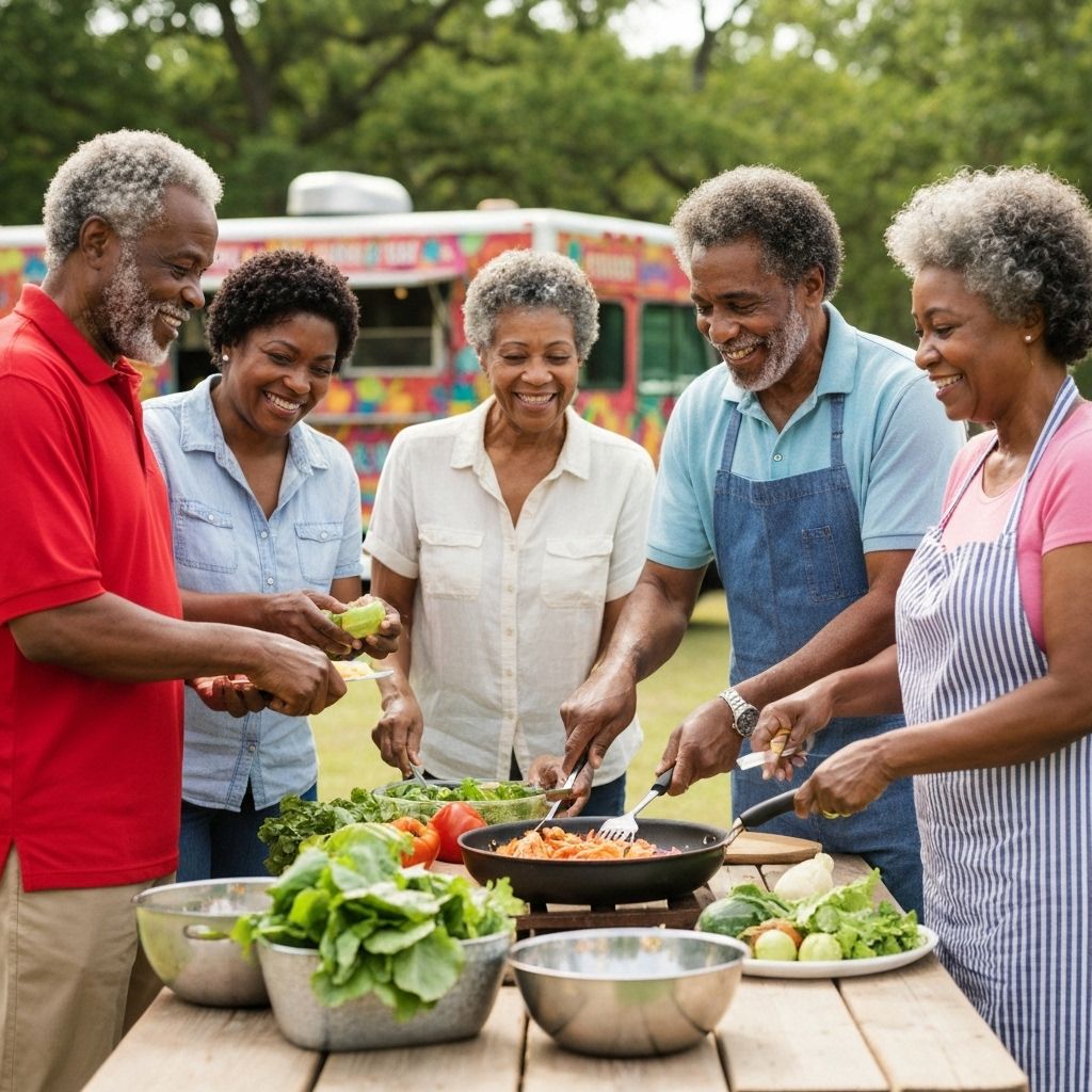 Diverse seniors enjoying mobile food market and community picnic